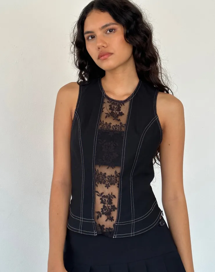 Women Motel Rocks Vest Tops | Verbena Lace Panel Top in Black Tailoring