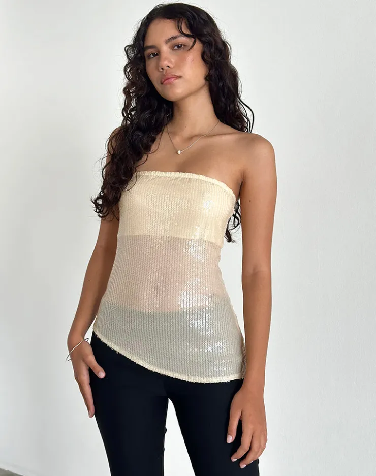 Women Motel Rocks Bandeau Tops | Sequin Tops | Viksuni Bandeau Top in Nude Clear Tinted Disc