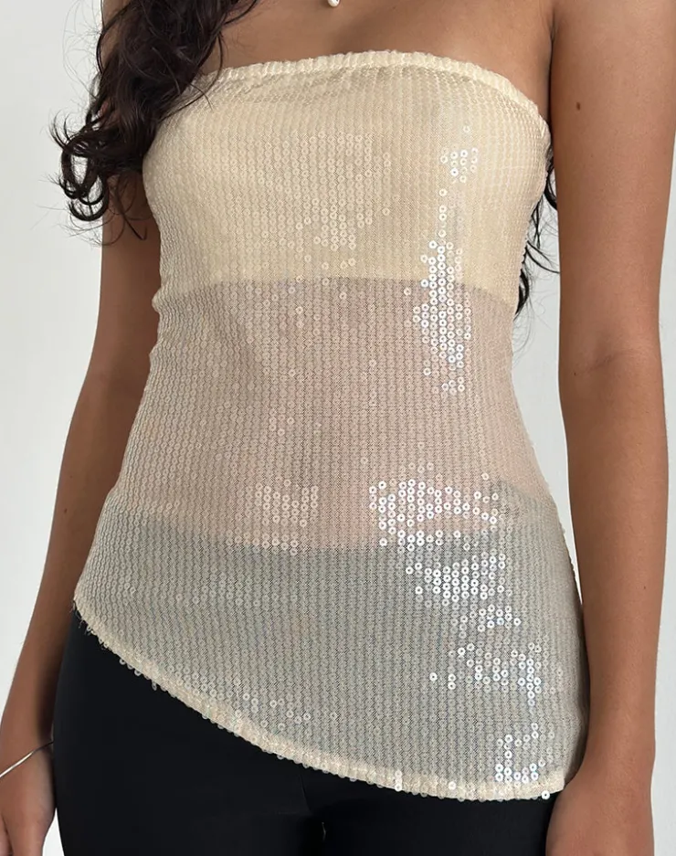 Women Motel Rocks Bandeau Tops | Sequin Tops | Viksuni Bandeau Top in Nude Clear Tinted Disc