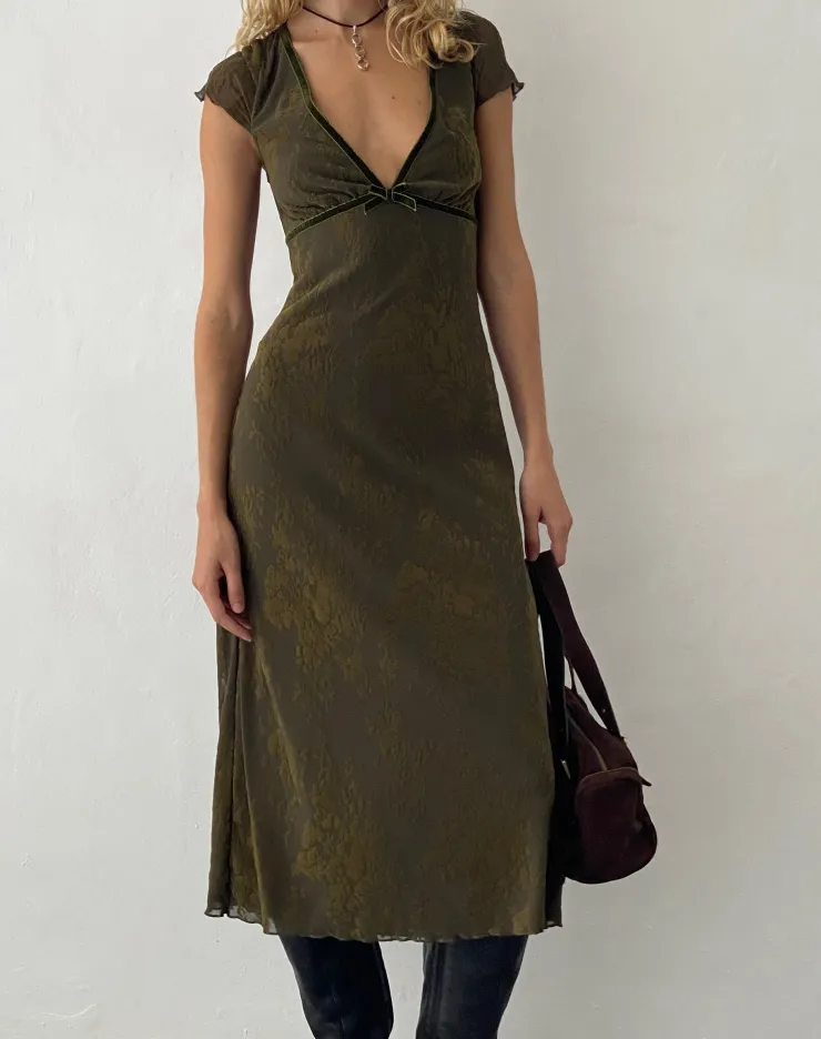 Women Motel Rocks Printed Dresses | Vilinia Midi Dress in Abstract Botanic Dark Olive