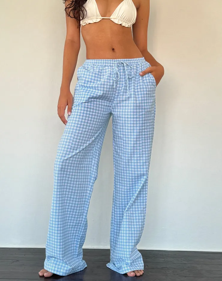 Women Motel Rocks Low Rise Pants | Wasic Wide Leg Linen Trouser in Blue Gingham