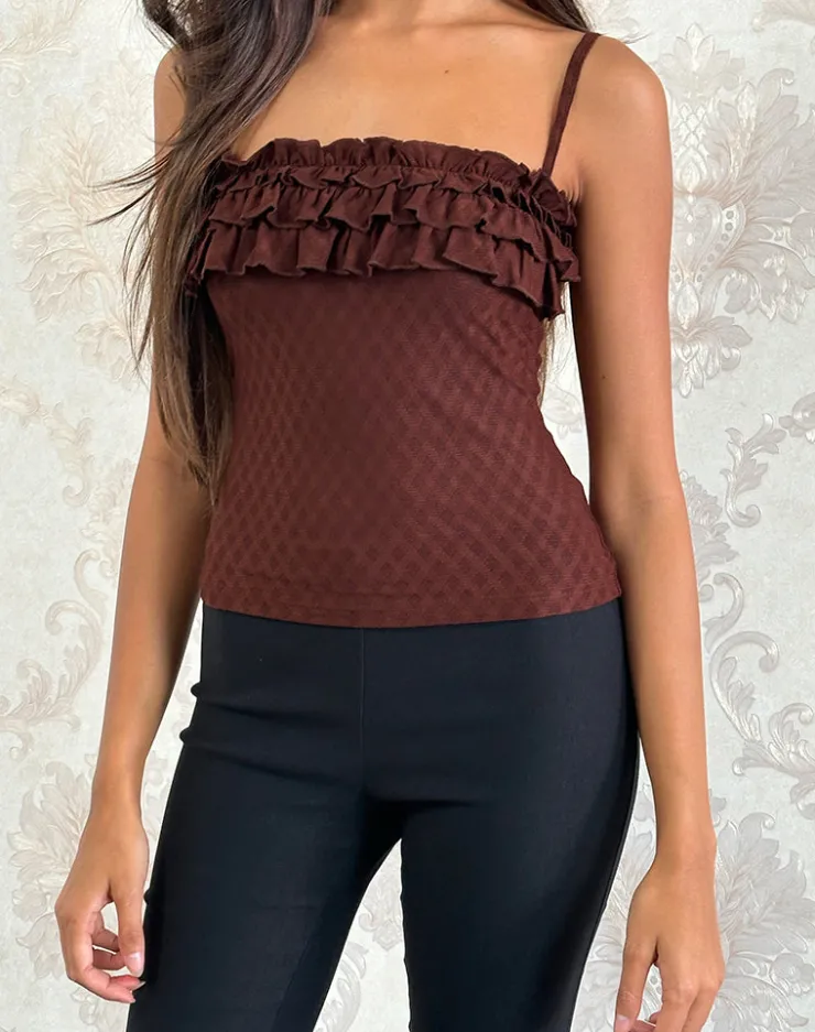 Women Motel Rocks Strappy Tops | Going Out Tops | Wendy Ruffle Cami Top in Argyle Mesh Brown