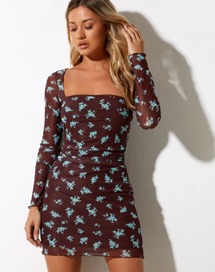 Women Motel Rocks Long Sleeve Dresses | Mini Dresses | Wilem Mini Dress Femme Floral Blue and Brown