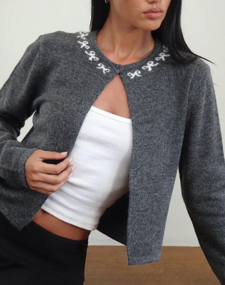 Women Motel Rocks Cardigans | Wunara Cardigan in Grey with Ivory Bows