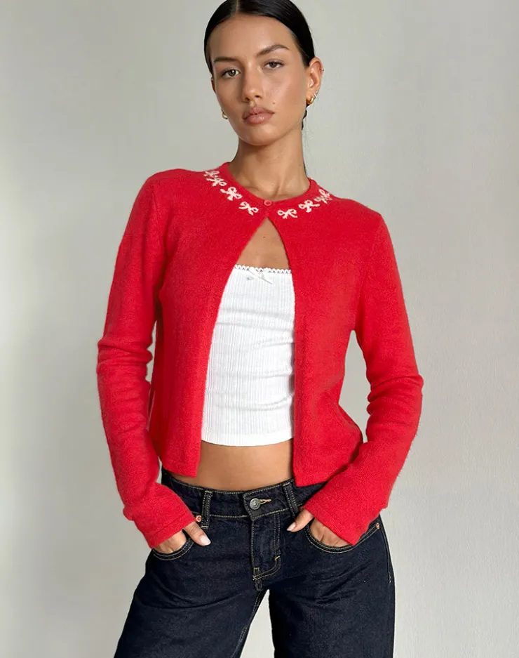 Women Motel Rocks Cardigans | Wunara Cardigan in Red with Pink Bows