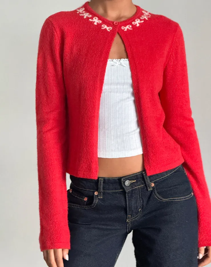 Women Motel Rocks Cardigans | Wunara Cardigan in Red with Pink Bows