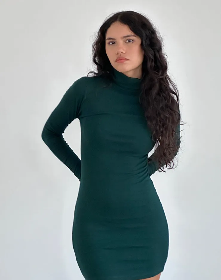 Women Motel Rocks Basics | Day Dresses | Yrion Turtle Neck Bodycon Mini Dress in Forest Green