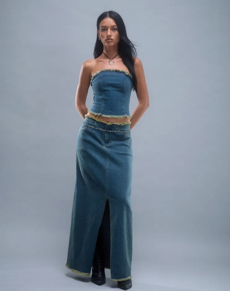 Women Motel Rocks A Line Skirts | Zaenap Frayed Denim Maxi Skirt in Brown Blue Acid