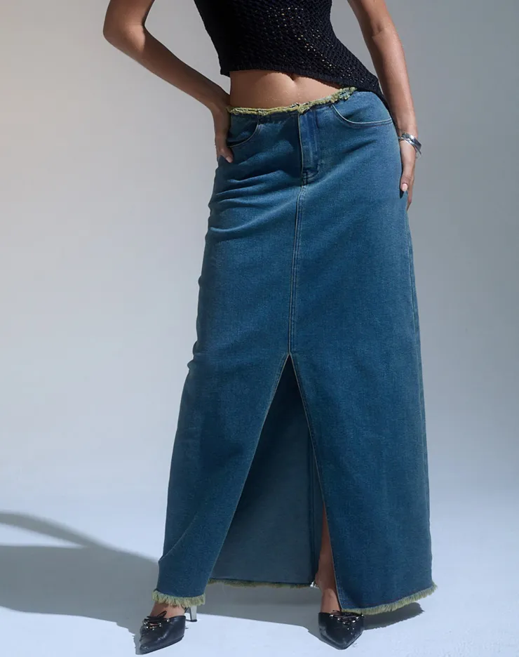 Women Motel Rocks A Line Skirts | Zaenap Frayed Denim Maxi Skirt in Brown Blue Acid