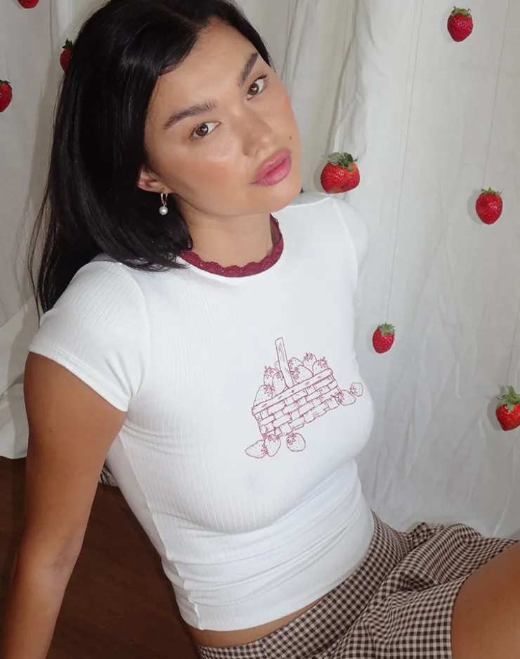 Women Motel Rocks Basic Tops | Printed Tops | Zagy Tee in Off White with Strawberry Pot Print