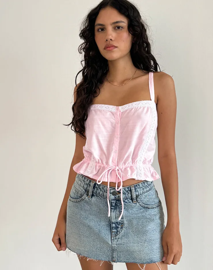 Women Motel Rocks Strappy Tops | Zaria Tie Front Top in Light Pink with White Trim