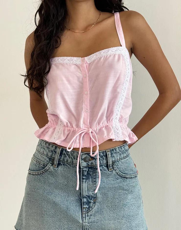 Women Motel Rocks Strappy Tops | Zaria Tie Front Top in Light Pink with White Trim