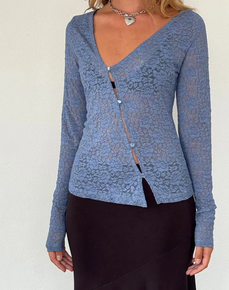 Women Motel Rocks Printed Tops | Long Sleeve Tops | Zatin Asymmetrical Cardigan in Moonlight Blue Lace