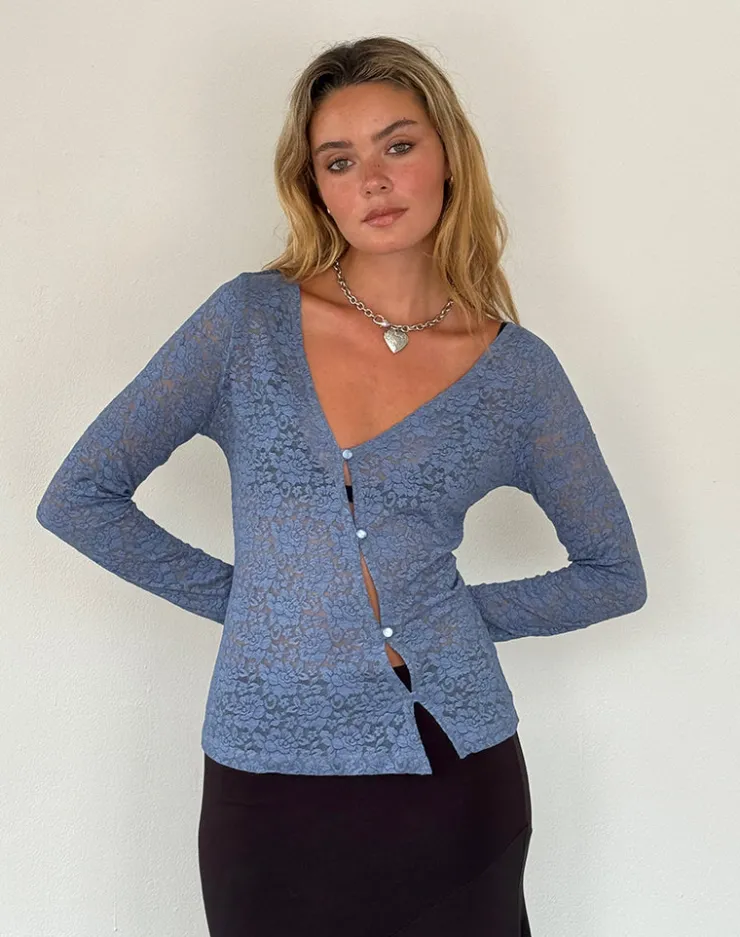 Women Motel Rocks Printed Tops | Long Sleeve Tops | Zatin Asymmetrical Cardigan in Moonlight Blue Lace