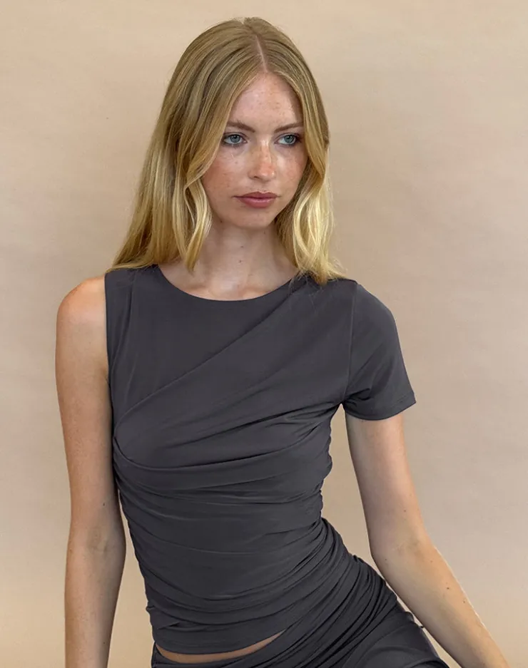 Women Motel Rocks Co-ords | Going Out Tops | Zera Asymmetric Ruched Top in Grey