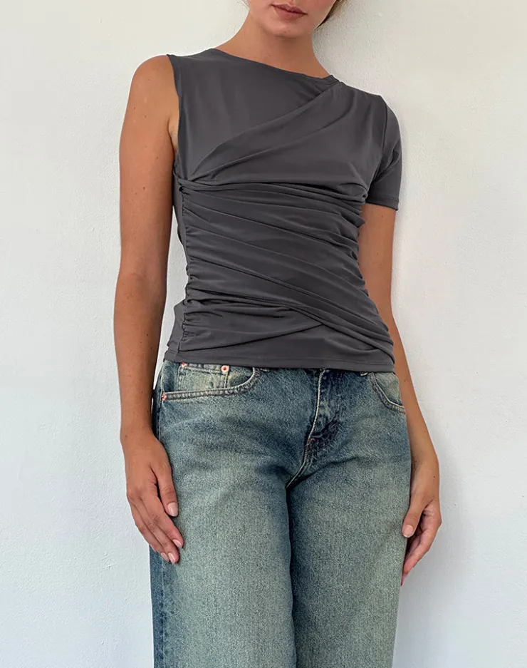 Women Motel Rocks Co-ords | Going Out Tops | Zera Asymmetric Ruched Top in Grey