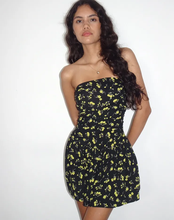 Women Motel Rocks Bandeau Dresses | Day Dresses | Zhao Bandeau Mini Dress in Buttercup Black and Yellow