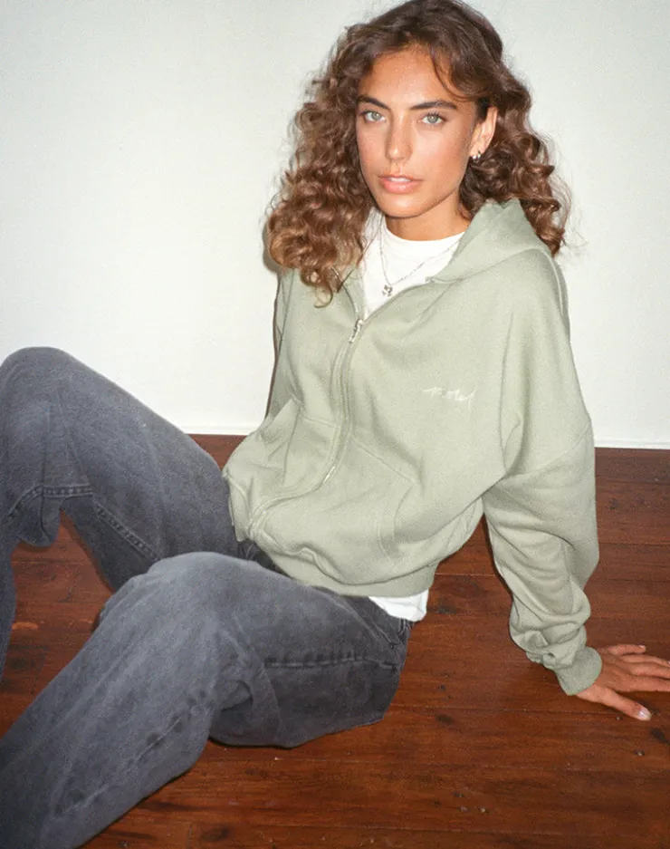 Women Motel Rocks Hoodies & Sweatshirts | Co-ords | Zip Up Jumper in London Fog with 'MOTEL' Ivory Embroidery