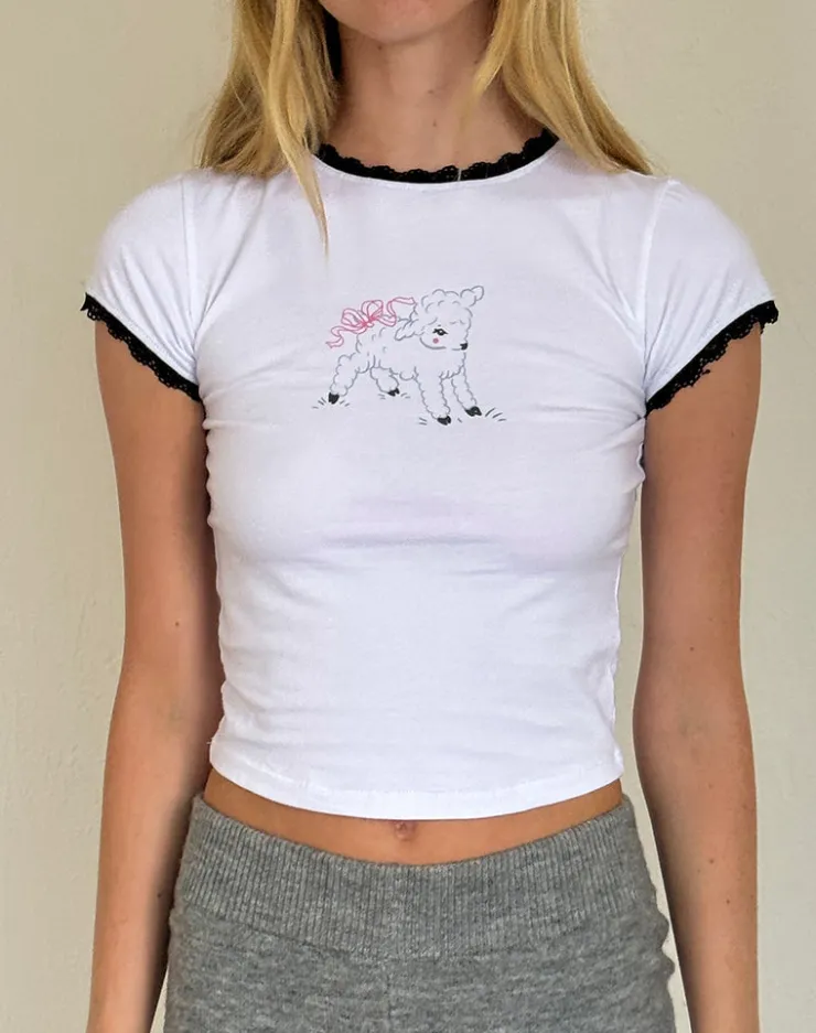 Women Motel Rocks Basic Tops | Printed Tops | Zyzy Baby Tee in White with Sheep Print